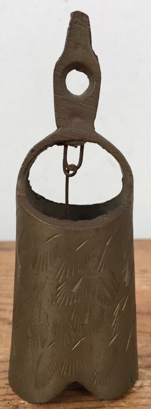 Vtg Antique Primitive Handcarved Solid Brass Rustic Hand Dinner Bell India 4"